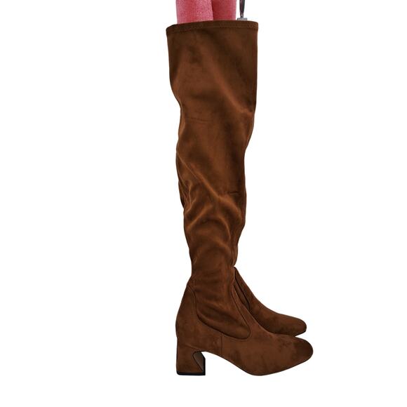 Dream Pairs Over The Knee Caramel Brown Low Sculpted Heel Elastic Band Boots 9 - Picture 1 of 7